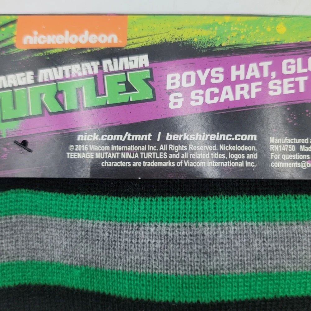 TMNT Boys Hat Glove and Scarf Set Nickelodeon Ninja Turtles Green Black Striped